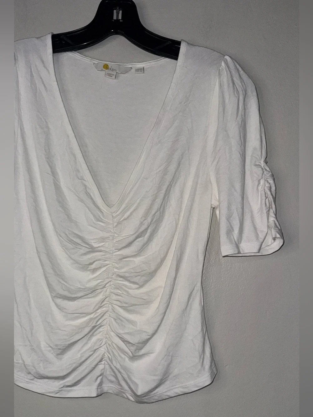 Boden White Ruched V-Neck Puff Sleeve Top